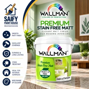 Wallman Stain Free Matt Emulsion non-reflective paint for wood and metal — available at Saify Paint House Karachi