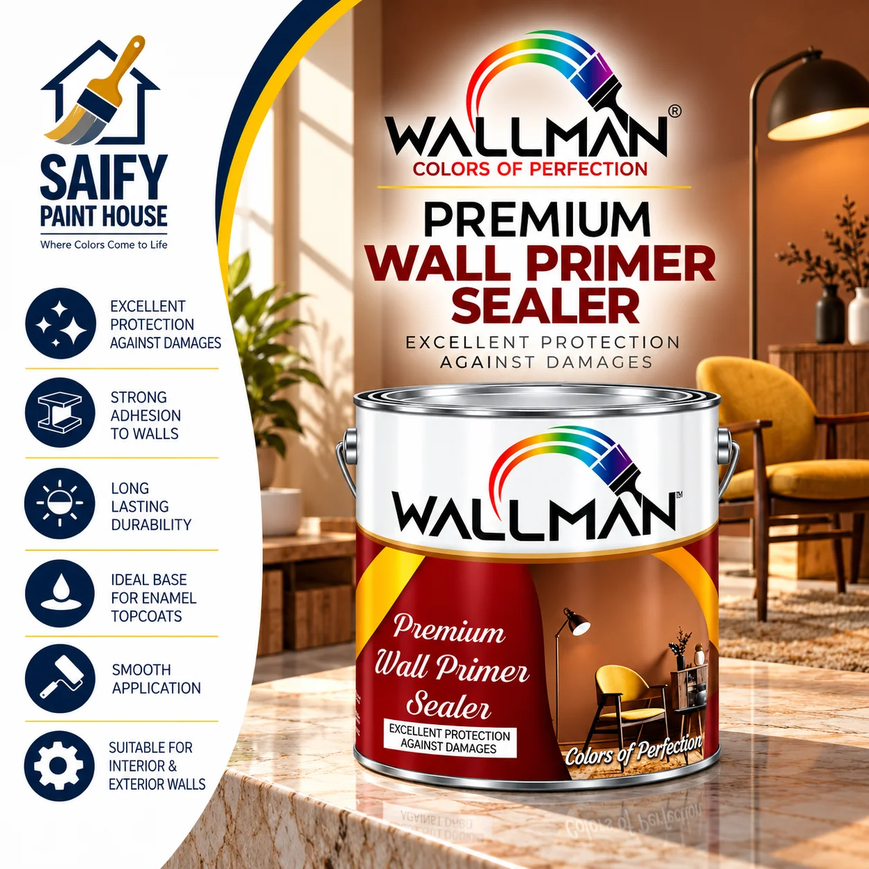 Wallman Premium Wall Primer Sealer for interior and exterior walls — available at Saify Paint House Karachi