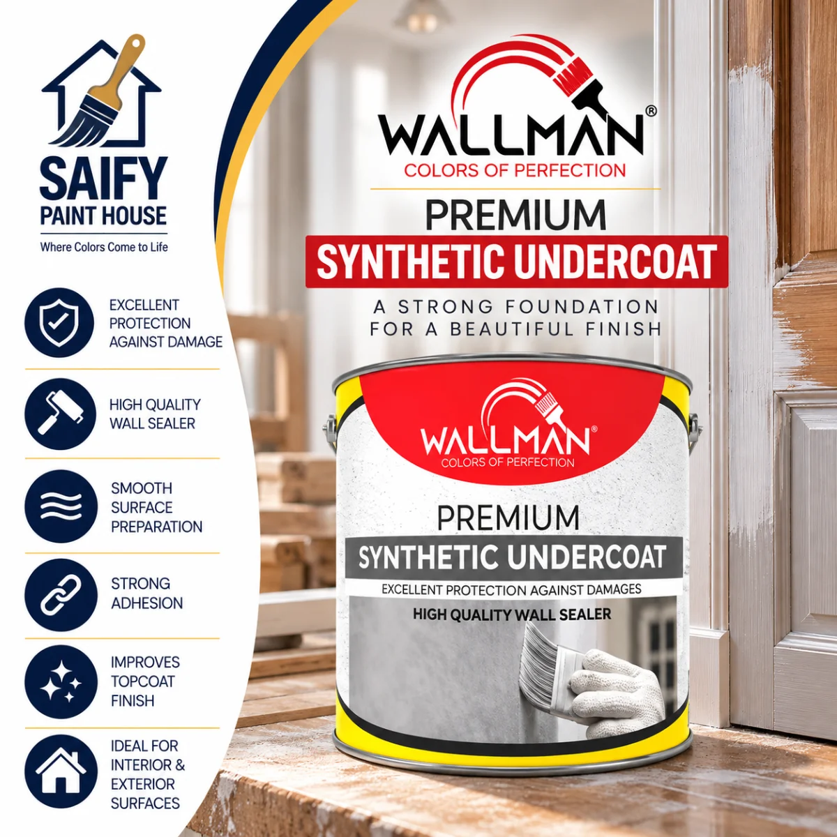 Wallman Synthetic Undercoat for wood and metal — available at Saify Paint House Karachi