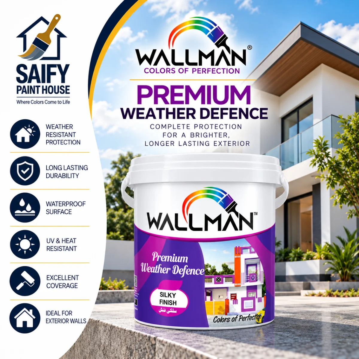 Wallman Weather Defense durable exterior paint — available at Saify Paint House Karachi